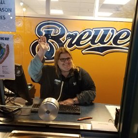2018-10-19 17.48.47 Amanda working the ticket booth at Miller Park