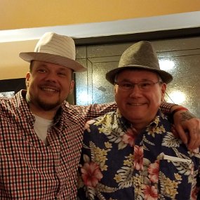 2018-04-22 20.38.42 Celebrating Dad's life - Justin and David wearing some of Dad's fancy hats