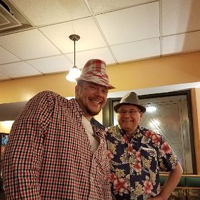 2018-04-22 20.39.38 Celebrating Dad's life - Justin and David wearing some of Dad's fancy hats